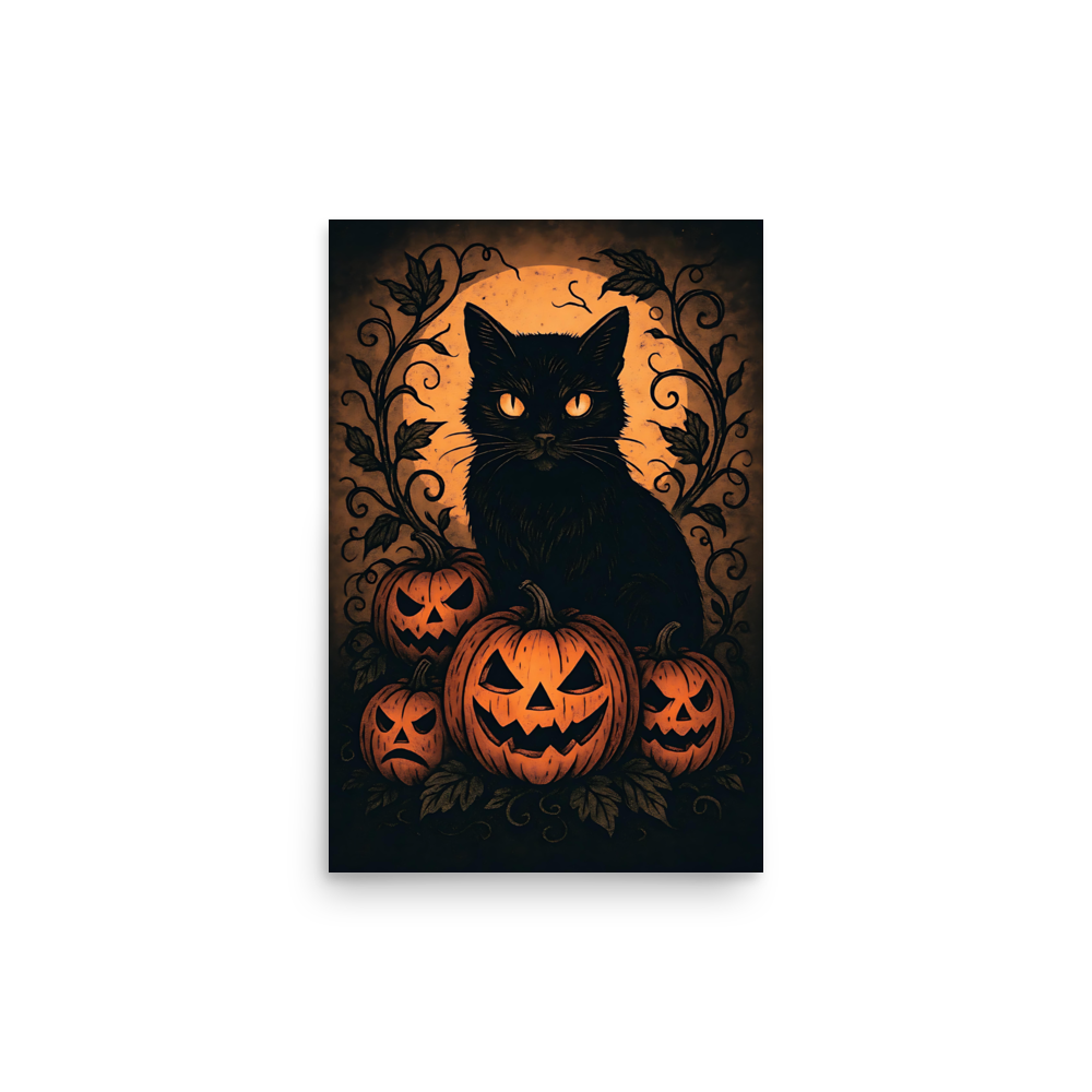 Halloween Harvest Cat Poster – Spooky Black Cat & Pumpkin Wall Art (Multiple Sizes)
