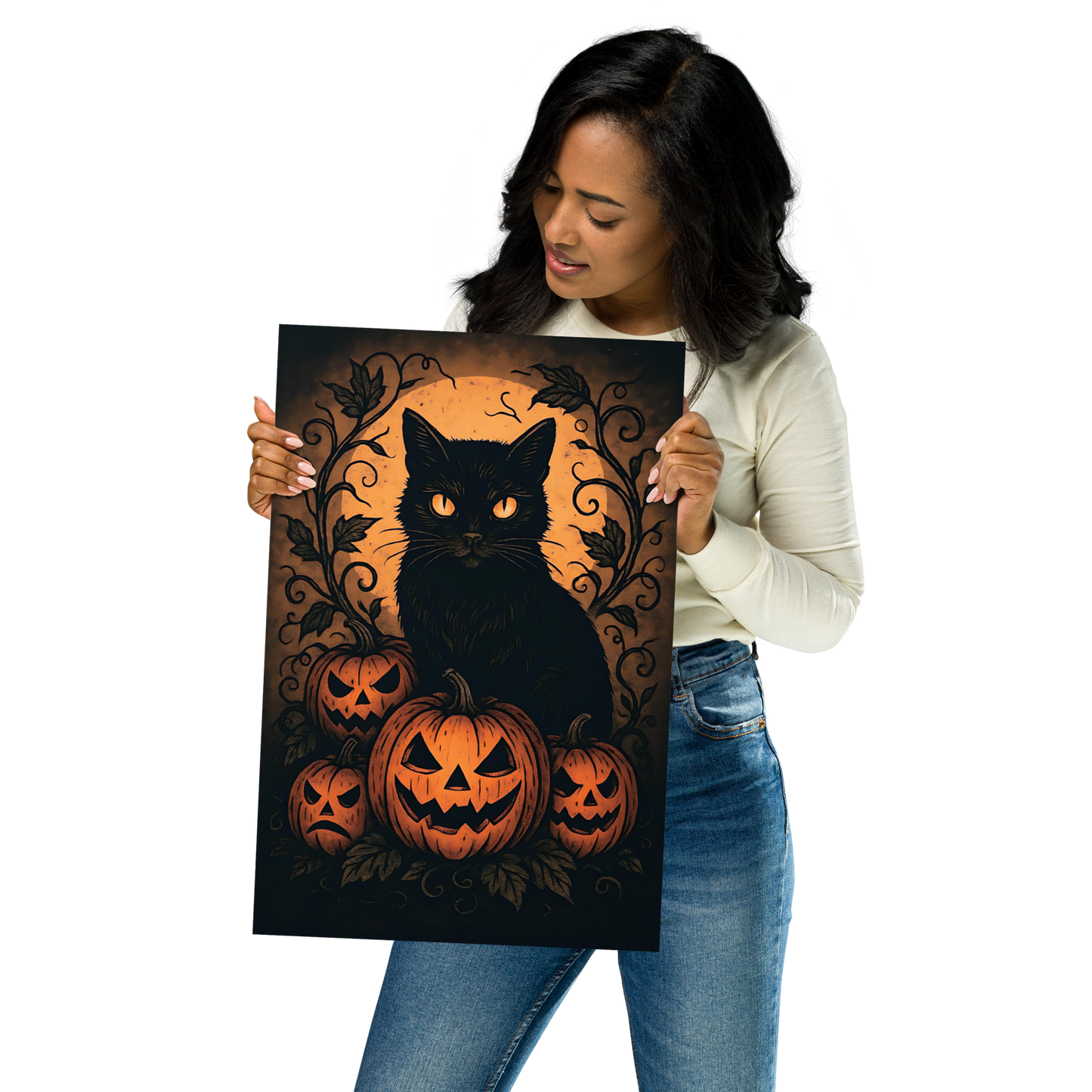 Halloween Harvest Cat Poster – Spooky Black Cat & Pumpkin Wall Art (Multiple Sizes)
