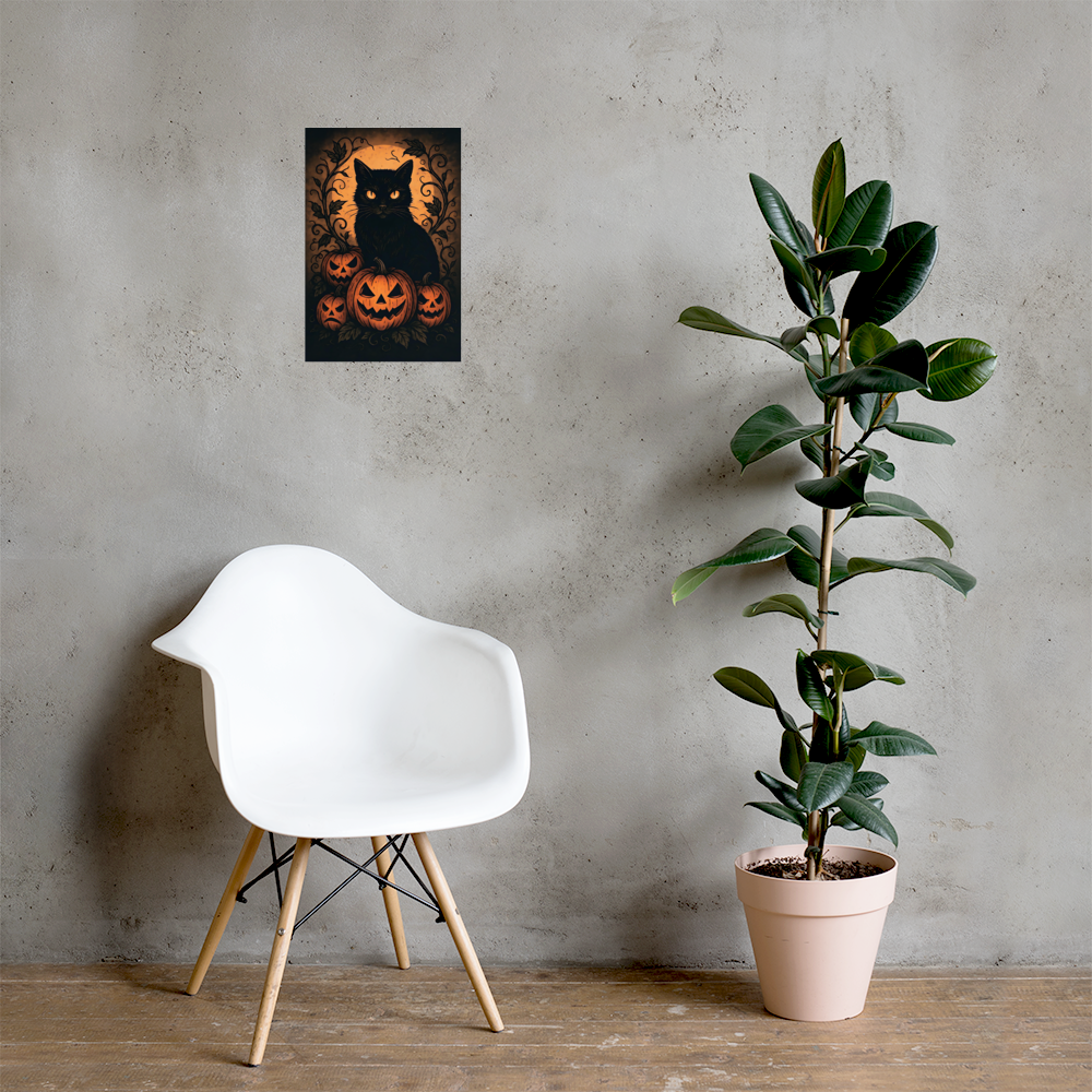 Halloween Harvest Cat Poster – Spooky Black Cat & Pumpkin Wall Art (Multiple Sizes)