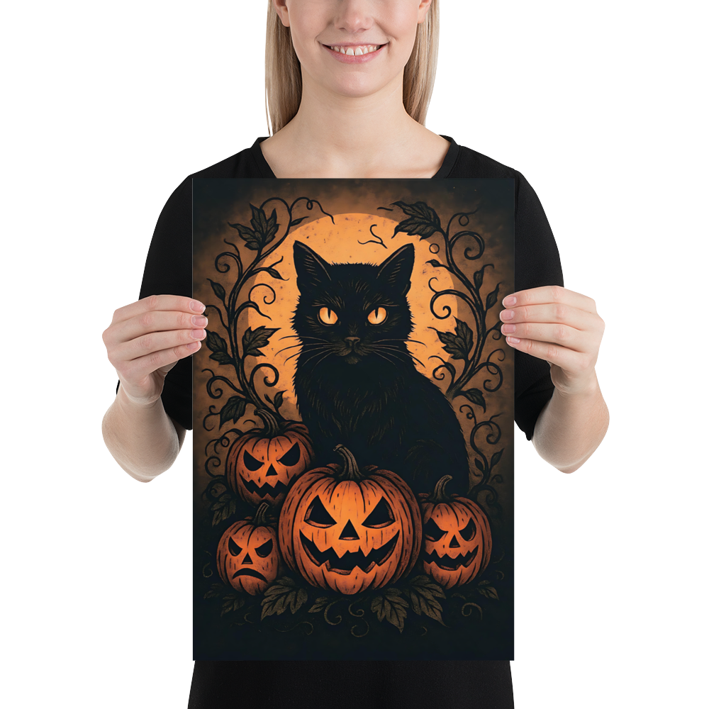 Halloween Harvest Cat Poster – Spooky Black Cat & Pumpkin Wall Art (Multiple Sizes)