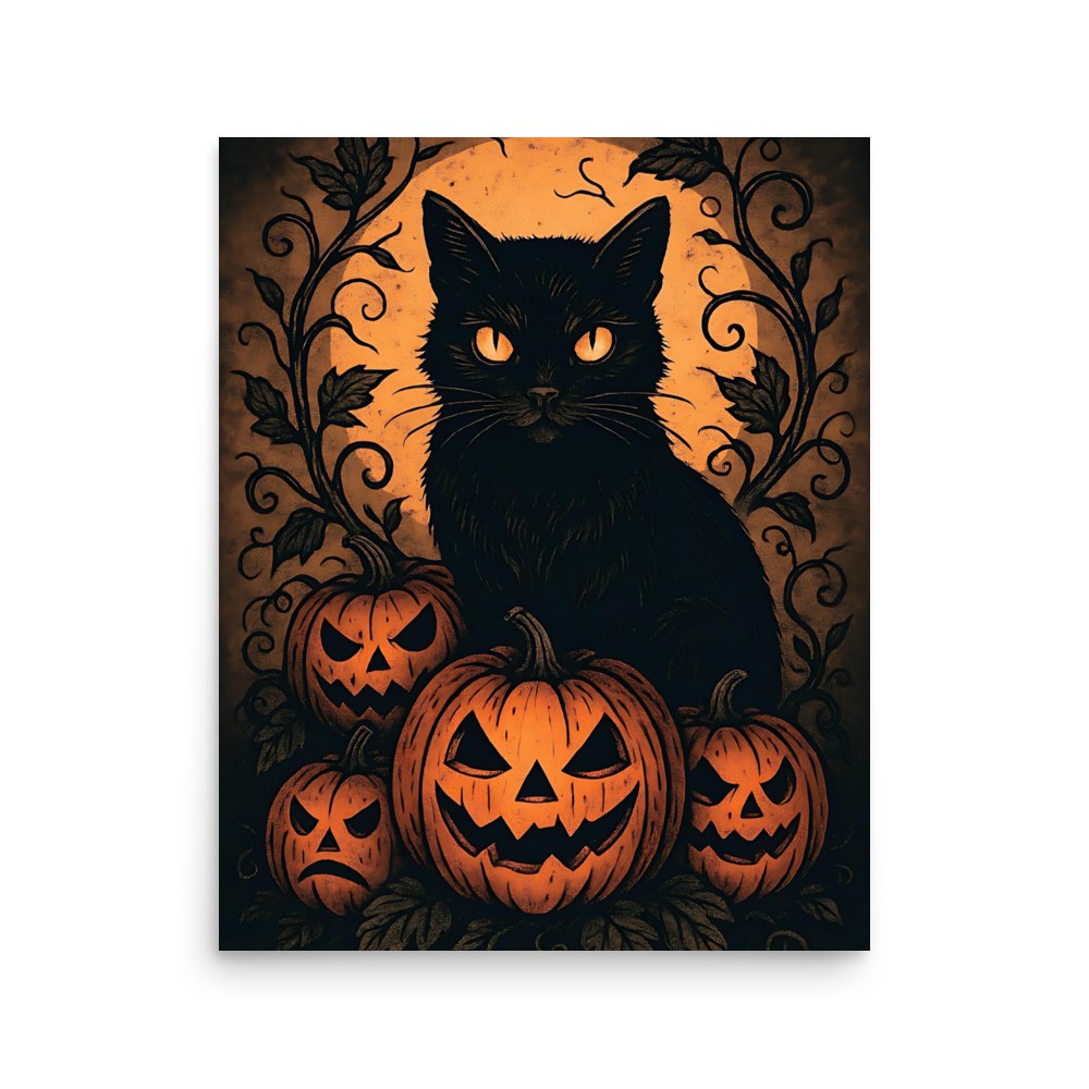 Halloween Harvest Cat Poster – Spooky Black Cat & Pumpkin Wall Art (Multiple Sizes)
