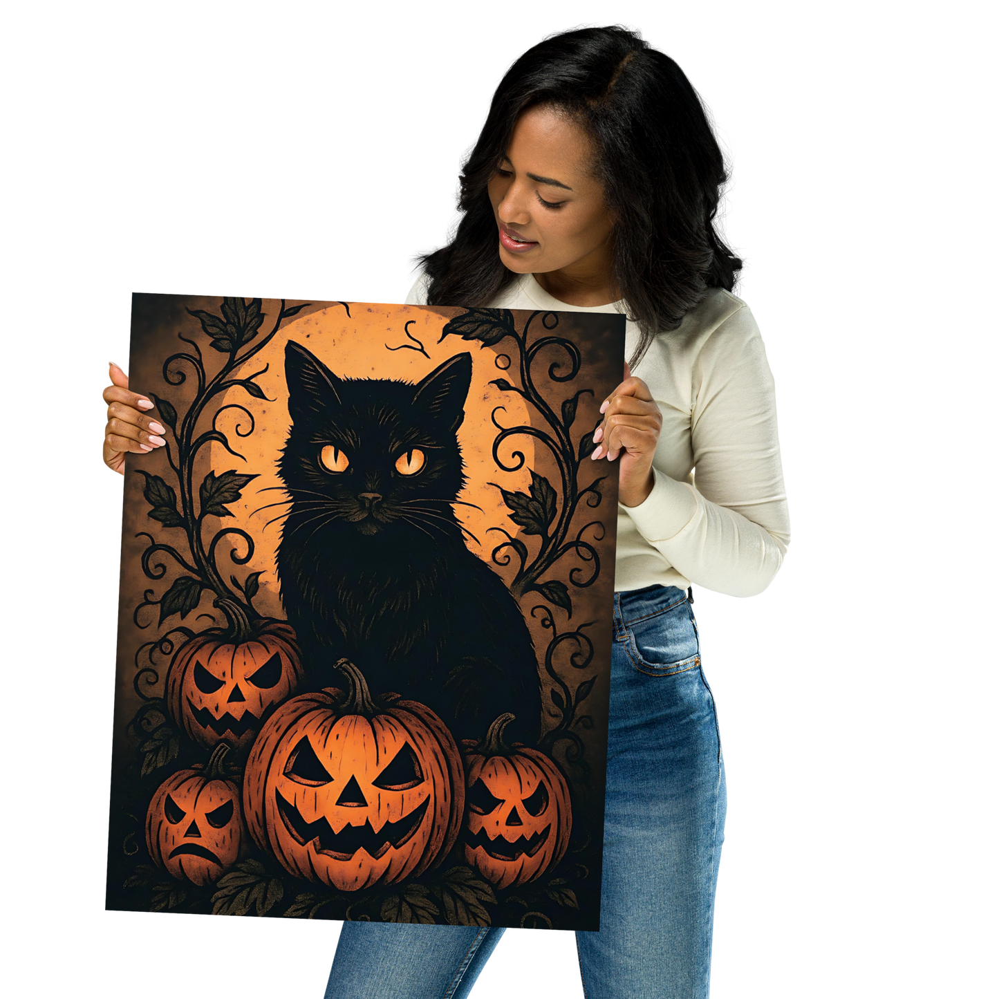 Halloween Harvest Cat Poster – Spooky Black Cat & Pumpkin Wall Art (Multiple Sizes)