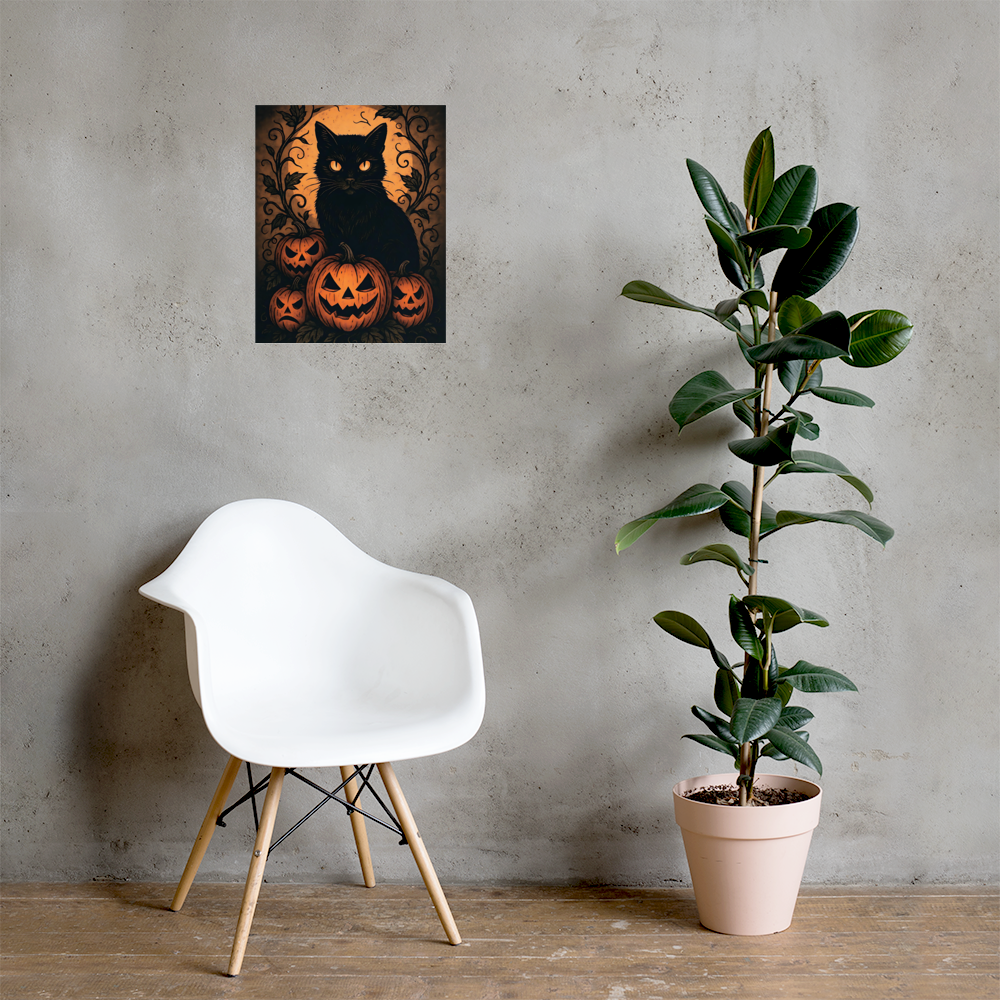 Halloween Harvest Cat Poster – Spooky Black Cat & Pumpkin Wall Art (Multiple Sizes)