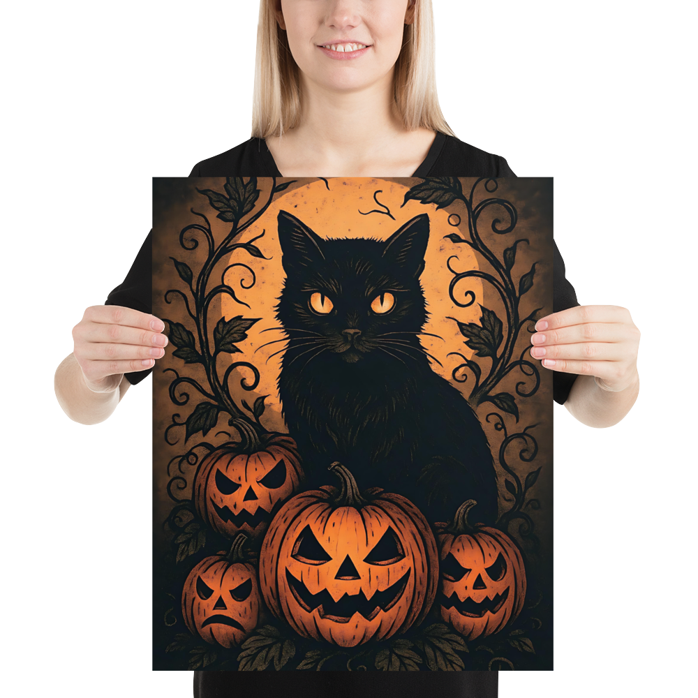Halloween Harvest Cat Poster – Spooky Black Cat & Pumpkin Wall Art (Multiple Sizes)