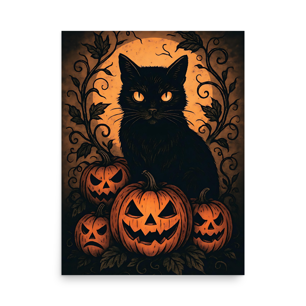 Halloween Harvest Cat Poster – Spooky Black Cat & Pumpkin Wall Art (Multiple Sizes)