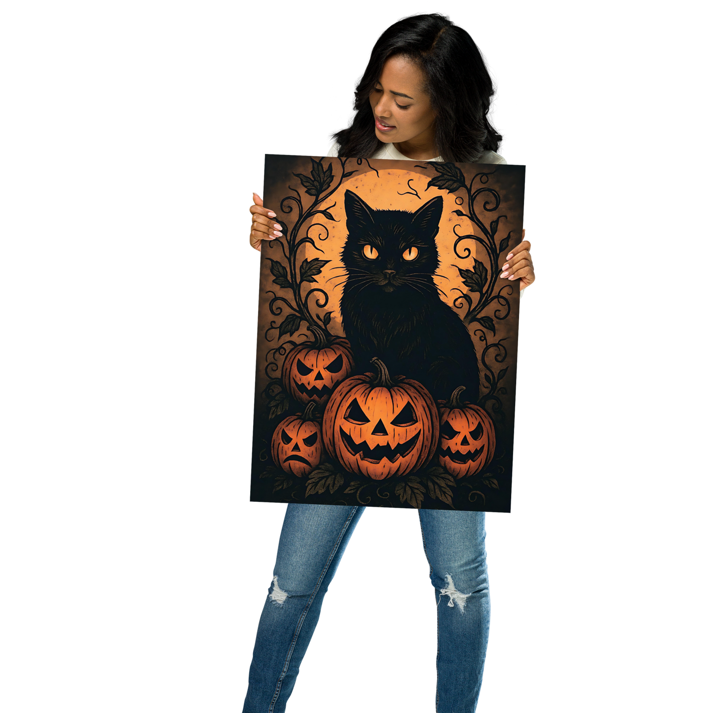 Halloween Harvest Cat Poster – Spooky Black Cat & Pumpkin Wall Art (Multiple Sizes)