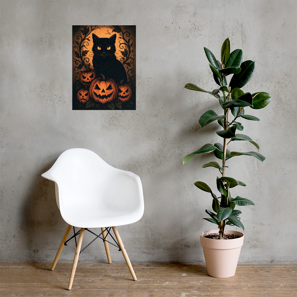 Halloween Harvest Cat Poster – Spooky Black Cat & Pumpkin Wall Art (Multiple Sizes)