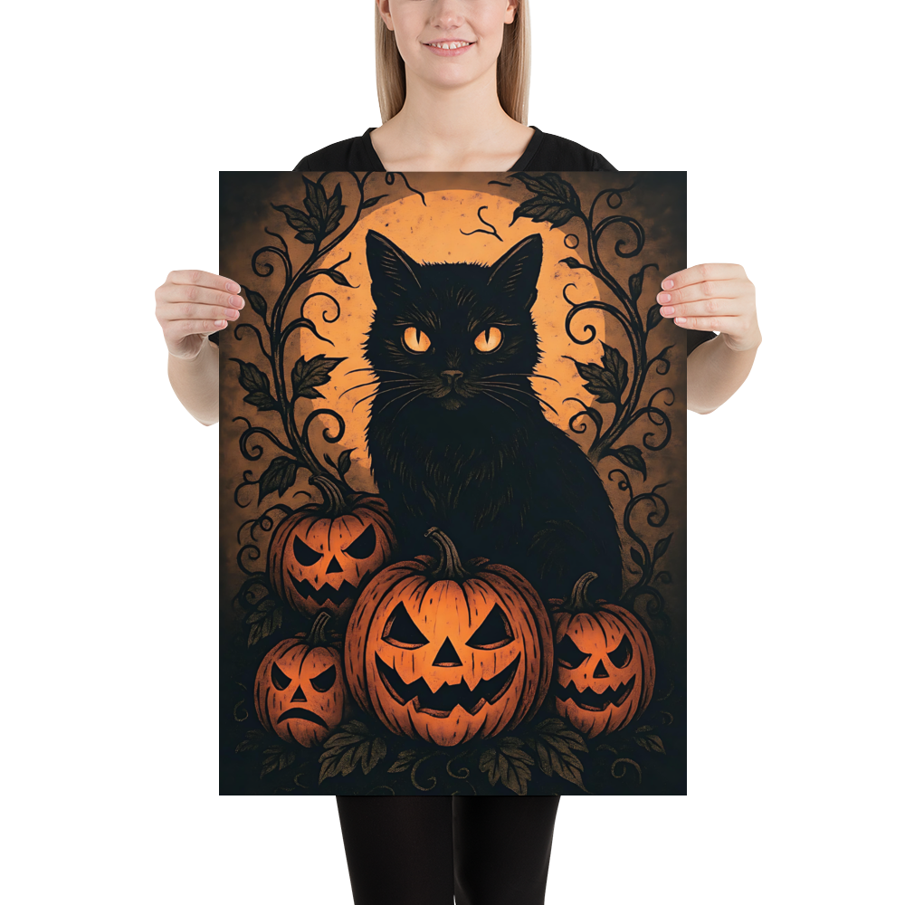 Halloween Harvest Cat Poster – Spooky Black Cat & Pumpkin Wall Art (Multiple Sizes)