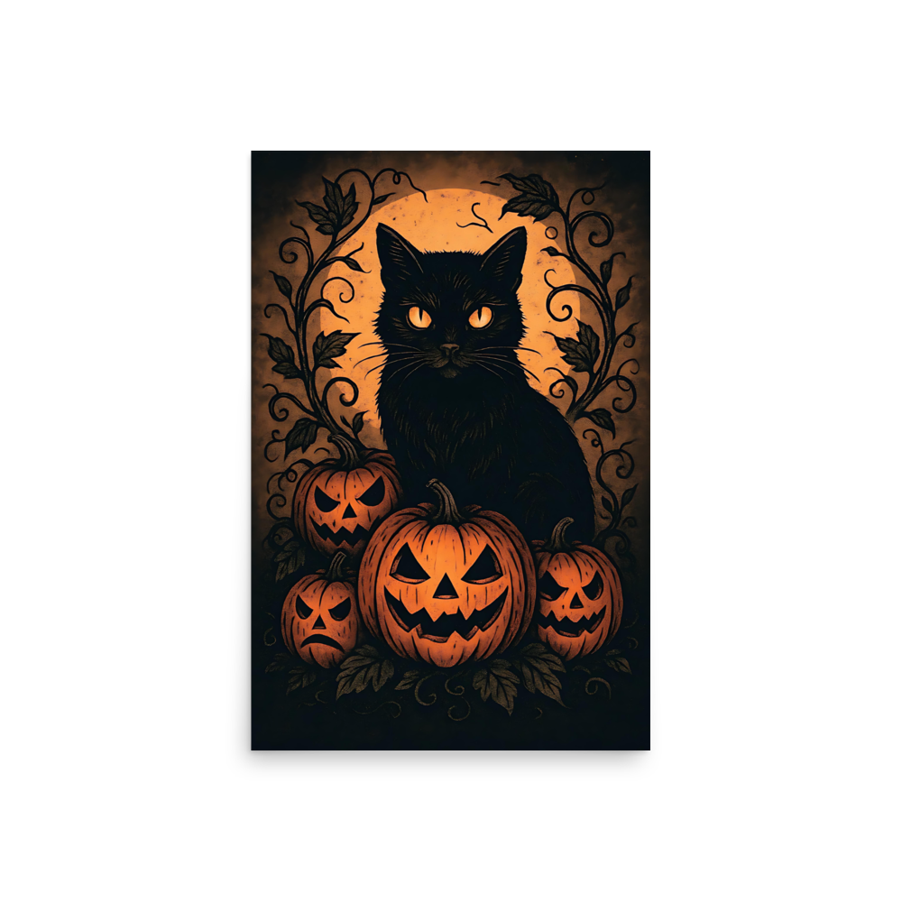 Halloween Harvest Cat Poster – Spooky Black Cat & Pumpkin Wall Art (Multiple Sizes)