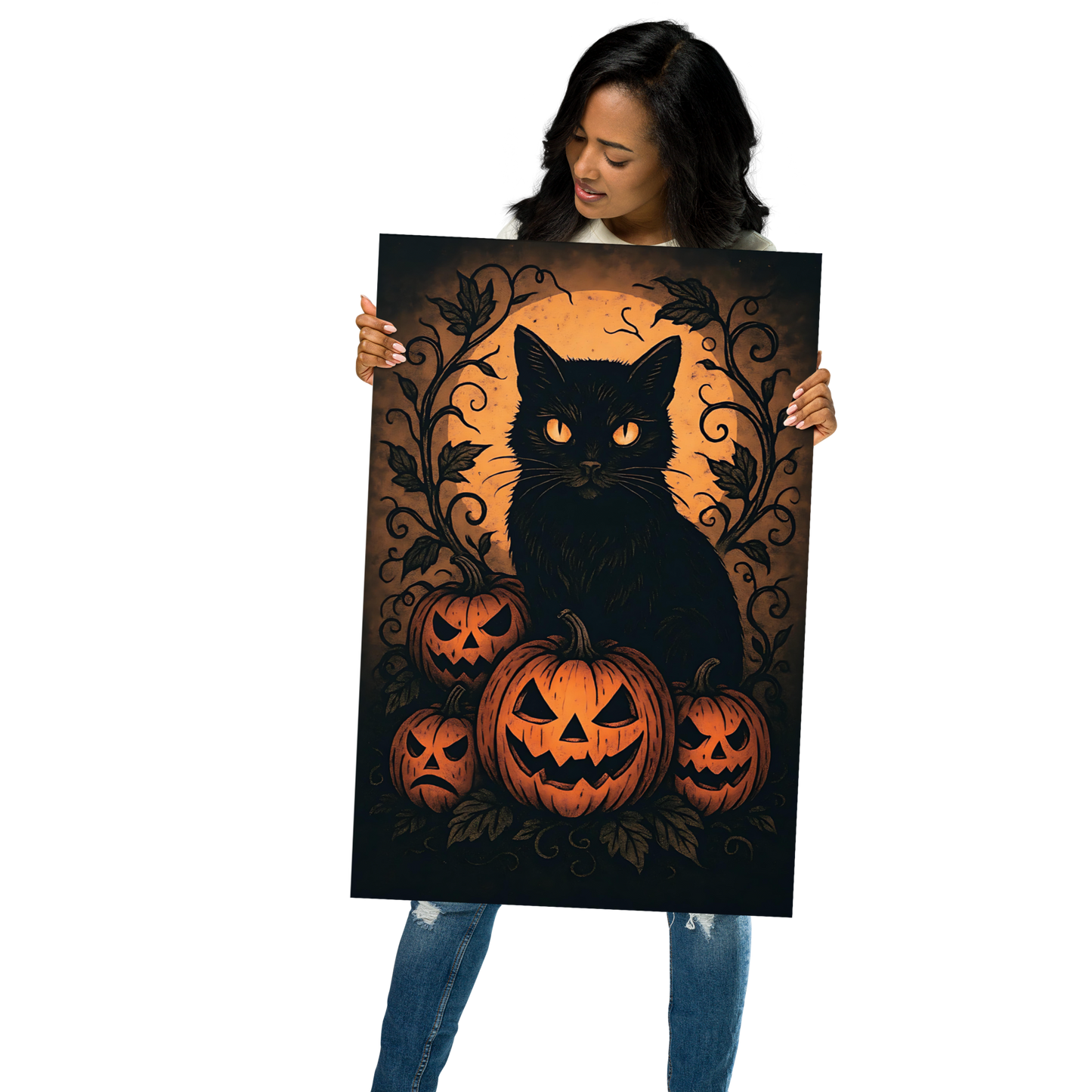 Halloween Harvest Cat Poster – Spooky Black Cat & Pumpkin Wall Art (Multiple Sizes)