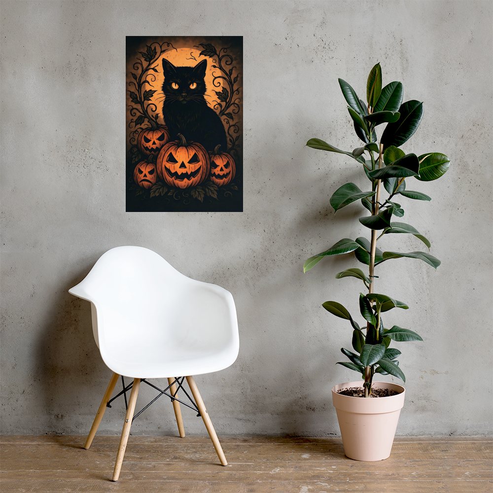 Halloween Harvest Cat Poster – Spooky Black Cat & Pumpkin Wall Art (Multiple Sizes)