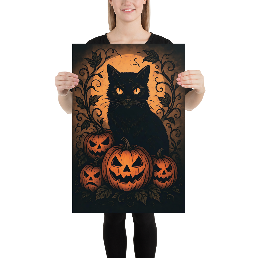Halloween Harvest Cat Poster – Spooky Black Cat & Pumpkin Wall Art (Multiple Sizes)