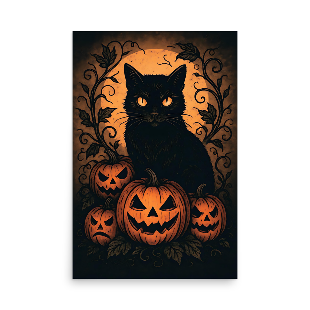 Halloween Harvest Cat Poster – Spooky Black Cat & Pumpkin Wall Art (Multiple Sizes)