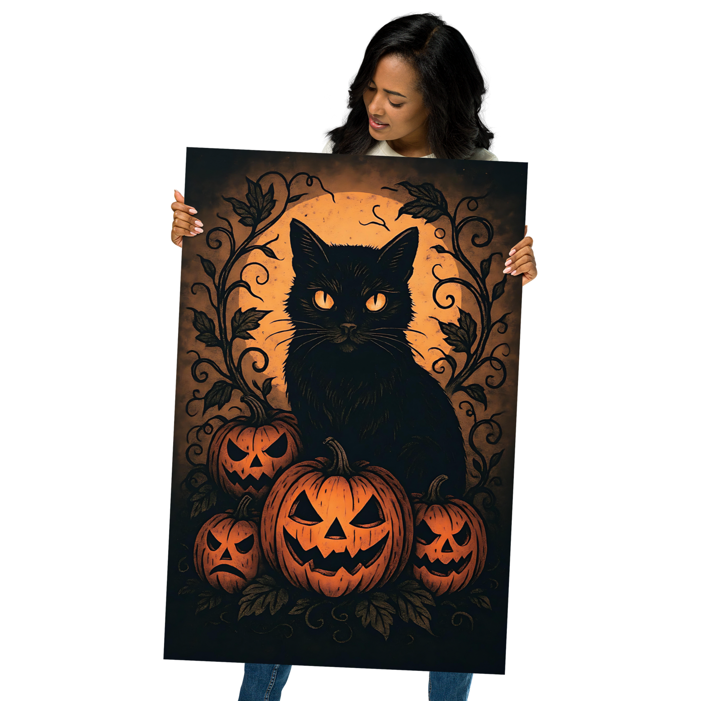 Halloween Harvest Cat Poster – Spooky Black Cat & Pumpkin Wall Art (Multiple Sizes)