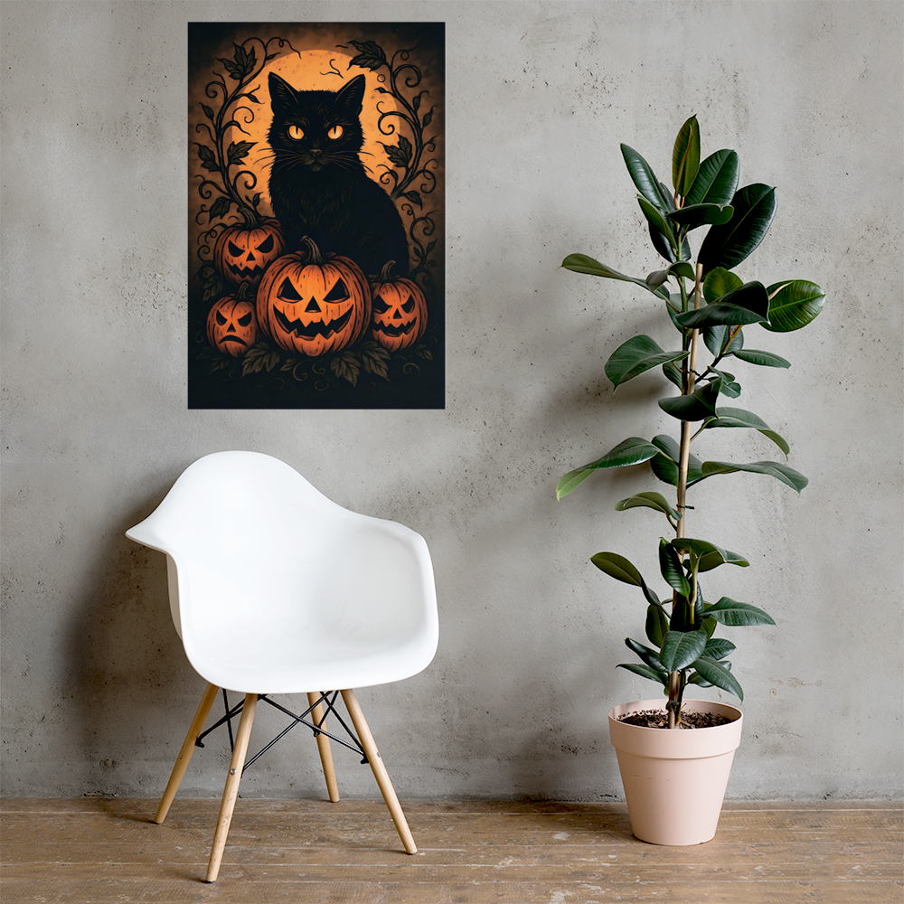 Halloween Harvest Cat Poster – Spooky Black Cat & Pumpkin Wall Art (Multiple Sizes)