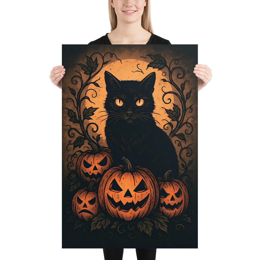 Halloween Harvest Cat Poster – Spooky Black Cat & Pumpkin Wall Art (Multiple Sizes)