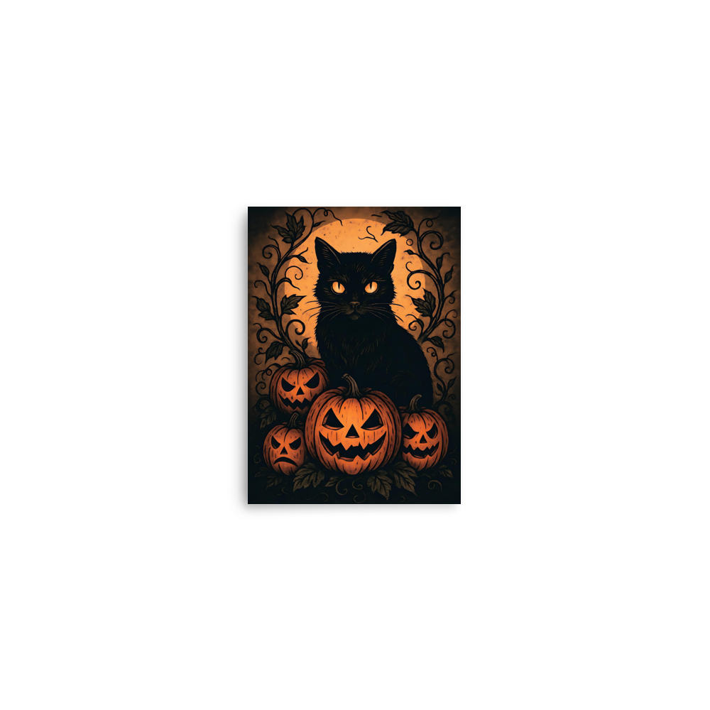 Halloween Harvest Cat Poster – Spooky Black Cat & Pumpkin Wall Art (Multiple Sizes)