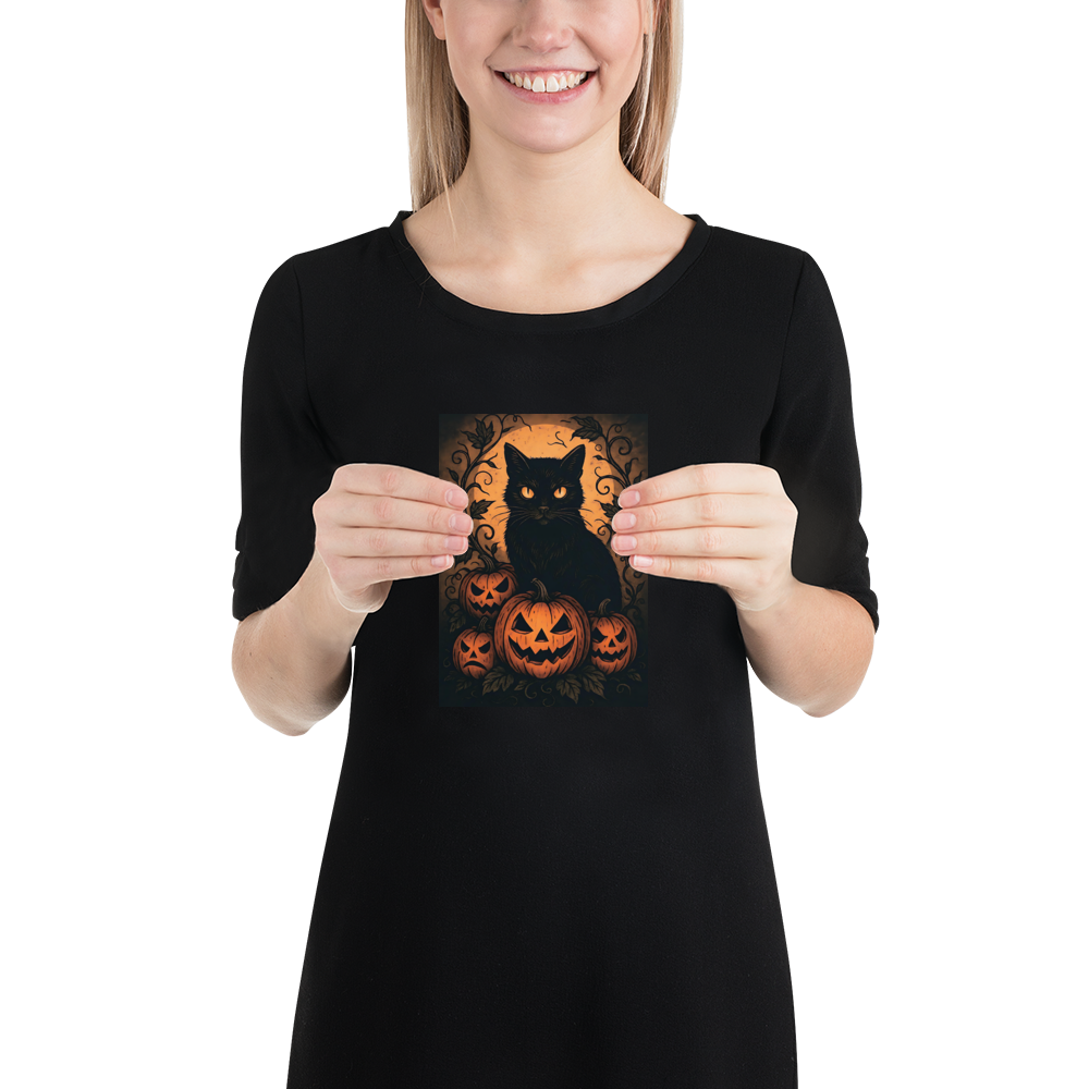 Halloween Harvest Cat Poster – Spooky Black Cat & Pumpkin Wall Art (Multiple Sizes)