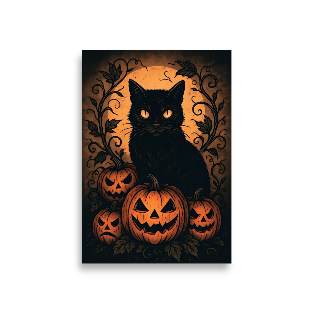 Halloween Harvest Cat Poster – Spooky Black Cat & Pumpkin Wall Art (Multiple Sizes)