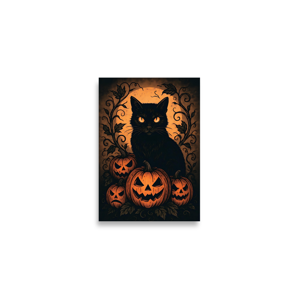 Halloween Harvest Cat Poster – Spooky Black Cat & Pumpkin Wall Art (Multiple Sizes)