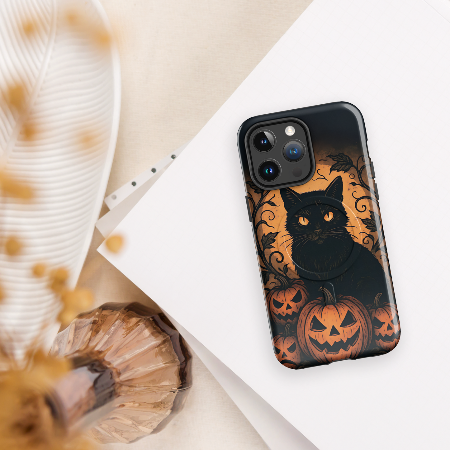 Halloween Harvest Cat iPhone MagSafe Case – Spooky Pumpkin Jack-o’-Lantern Black Cat Cover (14/15/16, Pro & Pro Max)