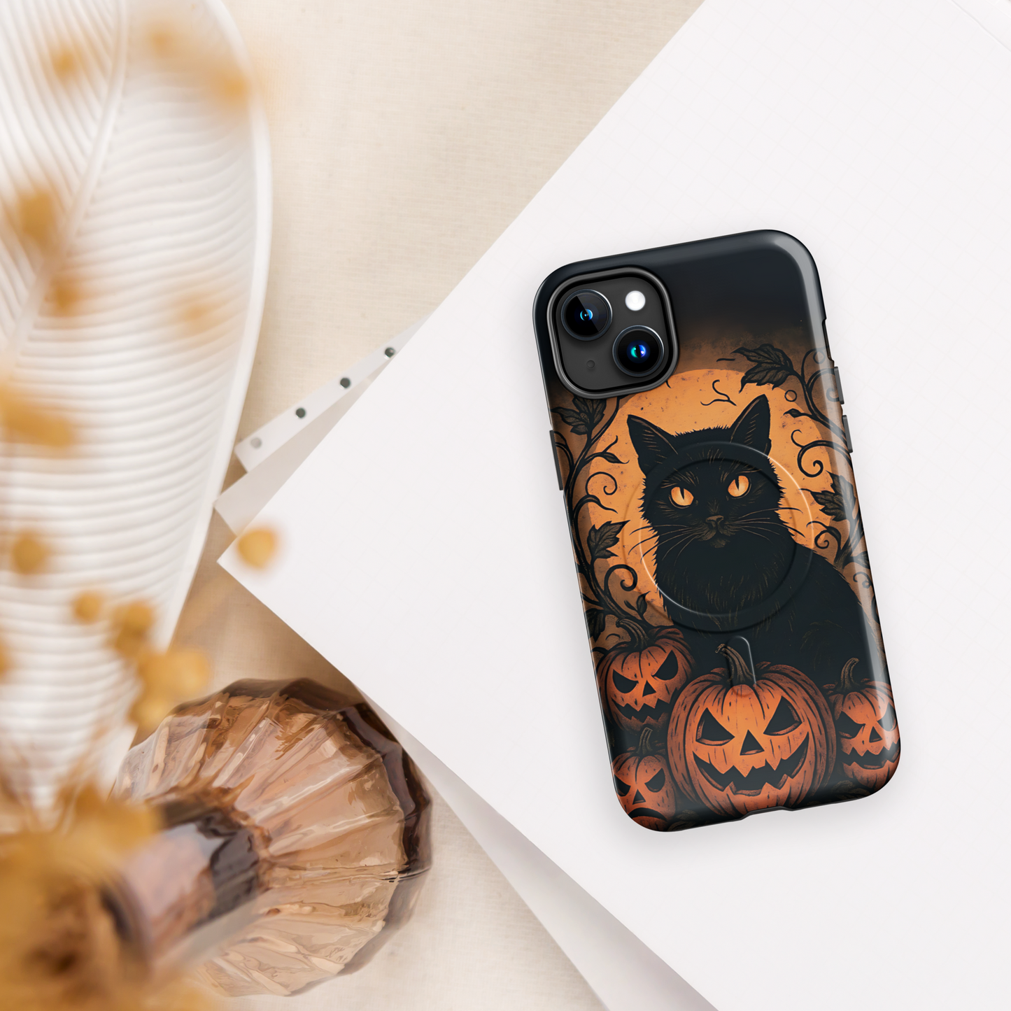 Halloween Harvest Cat iPhone MagSafe Case – Spooky Pumpkin Jack-o’-Lantern Black Cat Cover (14/15/16, Pro & Pro Max)