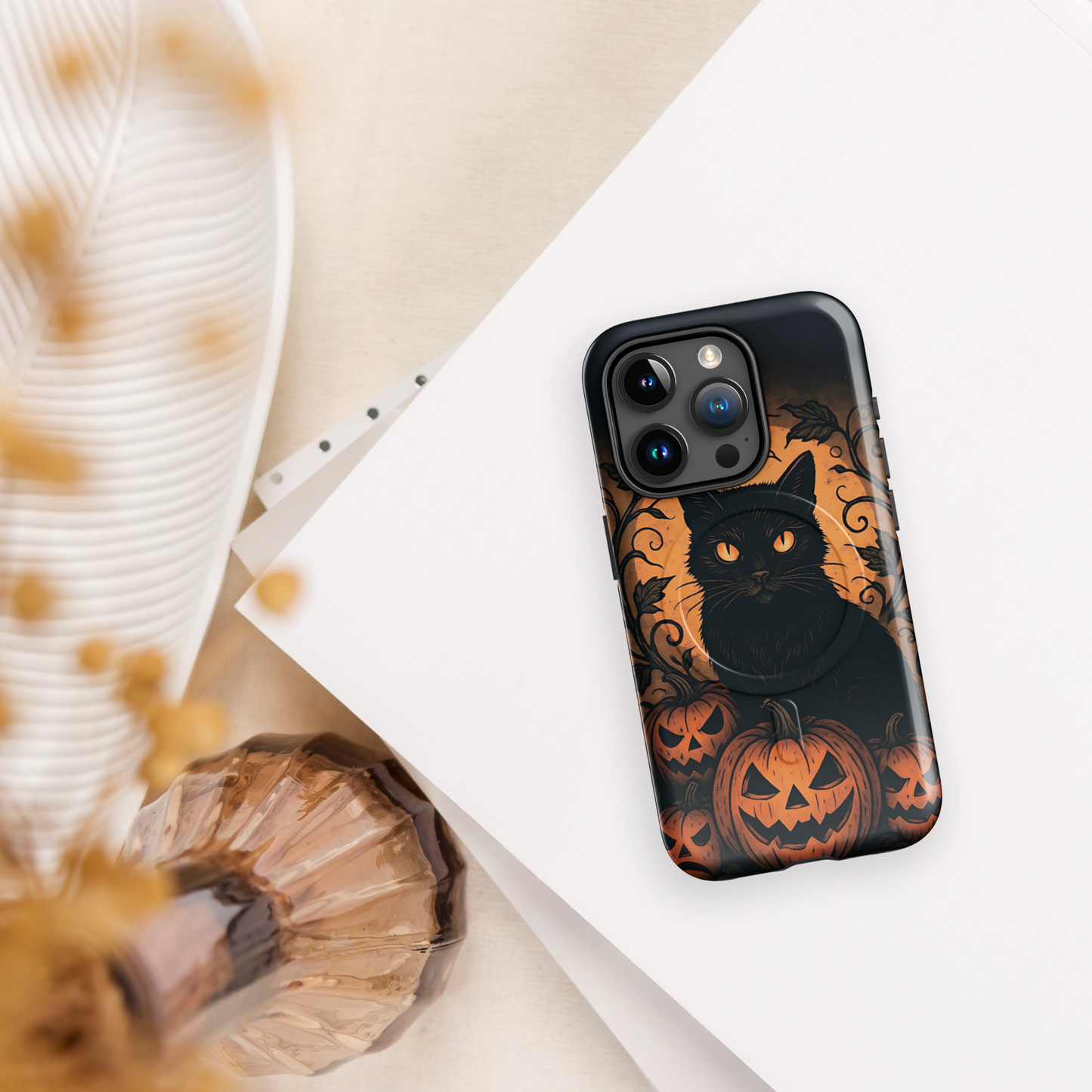 Halloween Harvest Cat iPhone MagSafe Case – Spooky Pumpkin Jack-o’-Lantern Black Cat Cover (14/15/16, Pro & Pro Max)