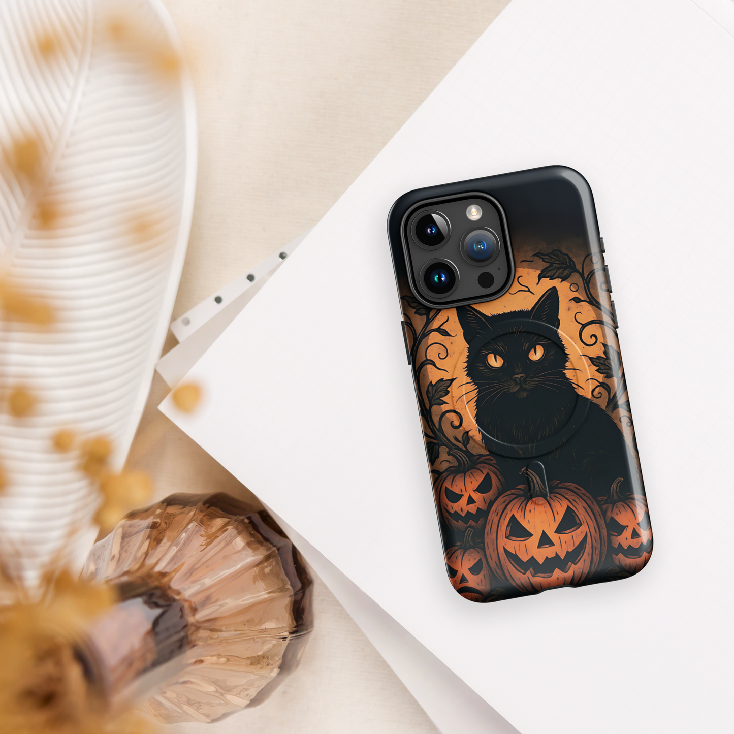 Halloween Harvest Cat iPhone MagSafe Case – Spooky Pumpkin Jack-o’-Lantern Black Cat Cover (14/15/16, Pro & Pro Max)