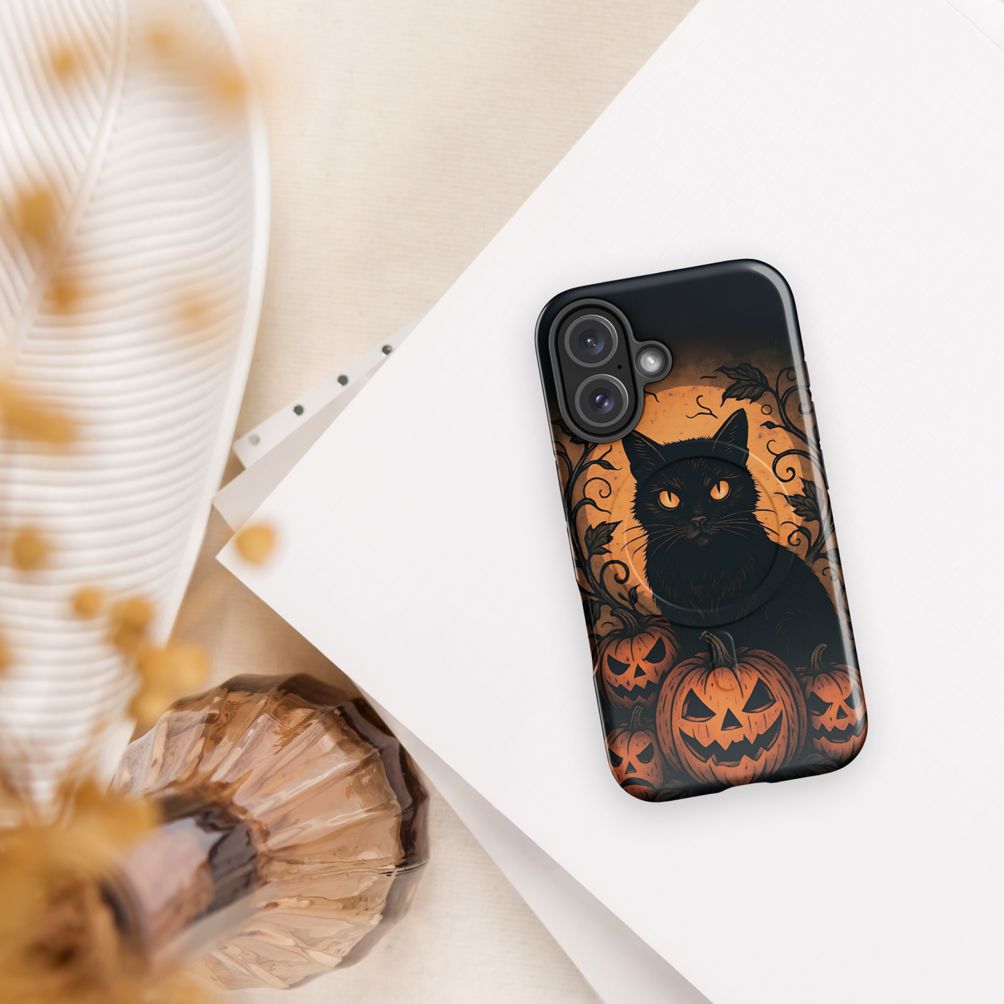 Halloween Harvest Cat iPhone MagSafe Case – Spooky Pumpkin Jack-o’-Lantern Black Cat Cover (14/15/16, Pro & Pro Max)