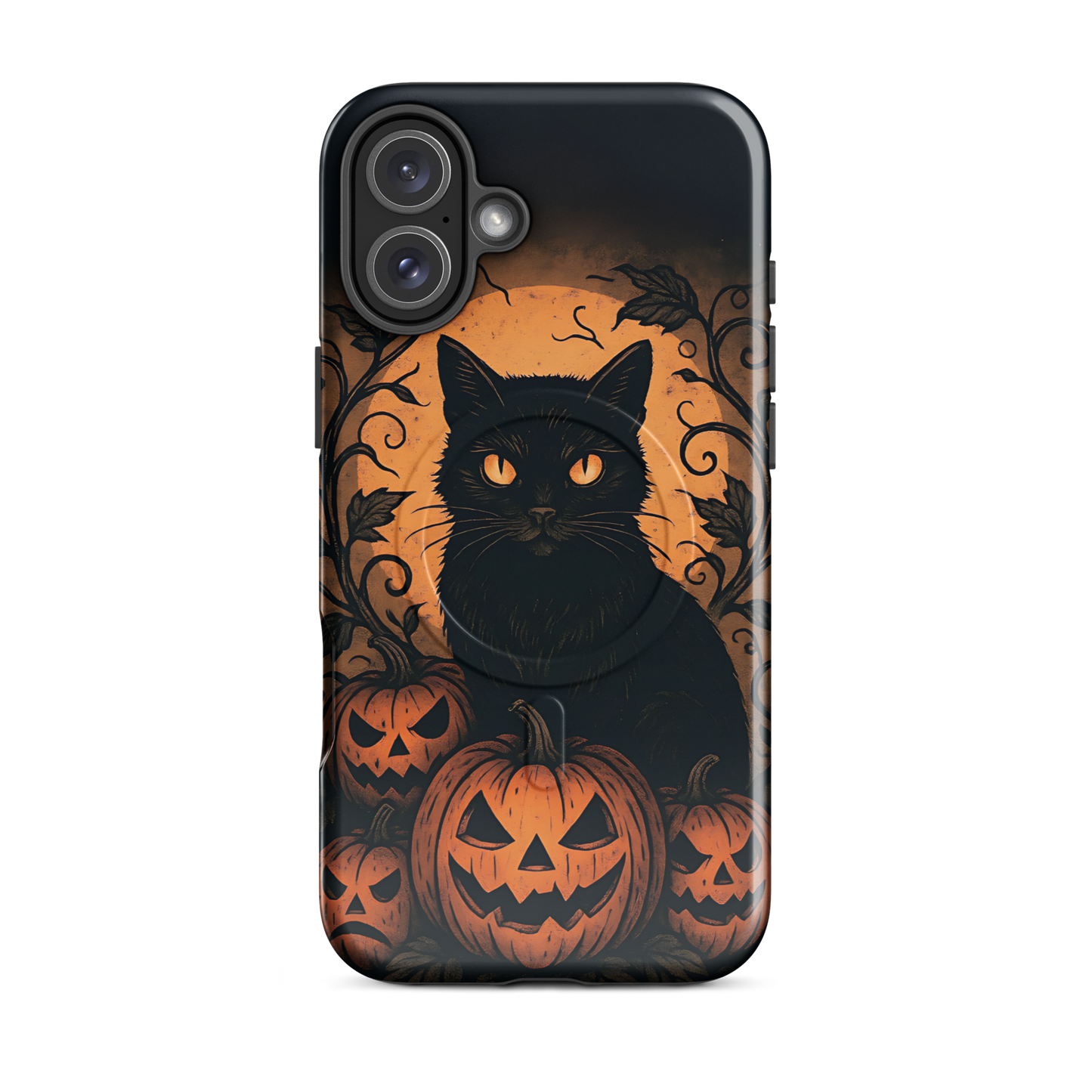 Halloween Harvest Cat iPhone MagSafe Case – Spooky Pumpkin Jack-o’-Lantern Black Cat Cover (14/15/16, Pro & Pro Max)