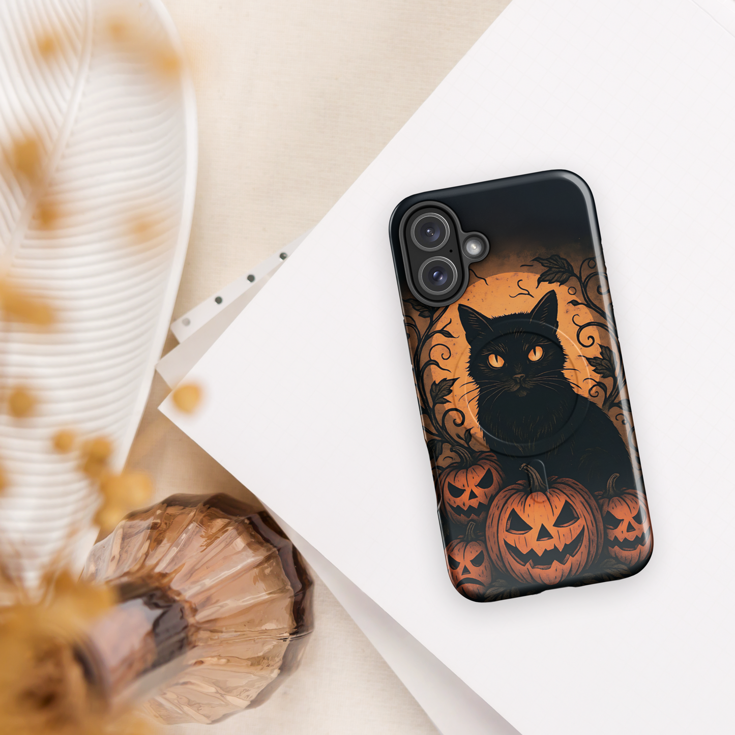 Halloween Harvest Cat iPhone MagSafe Case – Spooky Pumpkin Jack-o’-Lantern Black Cat Cover (14/15/16, Pro & Pro Max)