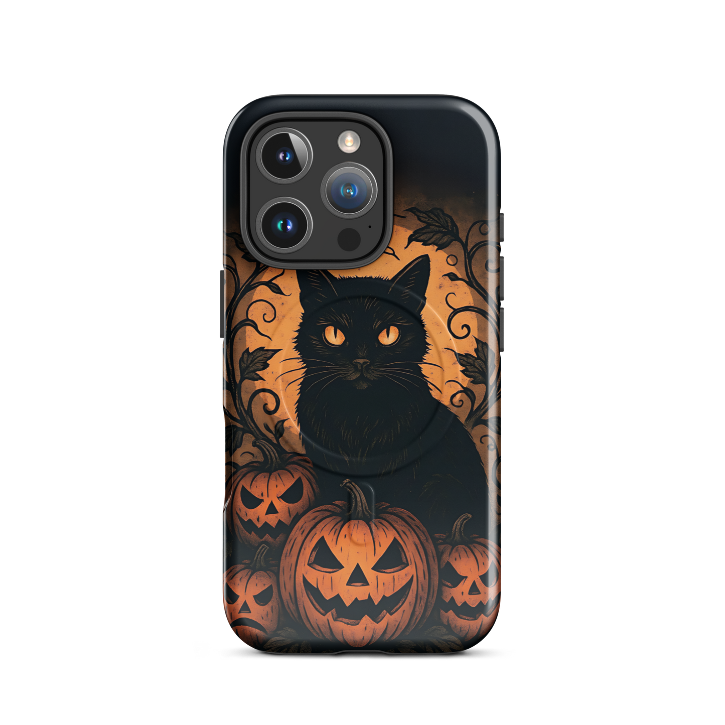 Halloween Harvest Cat iPhone MagSafe Case – Spooky Pumpkin Jack-o’-Lantern Black Cat Cover (14/15/16, Pro & Pro Max)