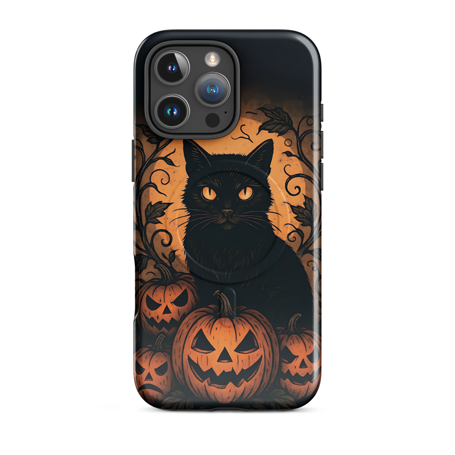 Halloween Harvest Cat iPhone MagSafe Case – Spooky Pumpkin Jack-o’-Lantern Black Cat Cover (14/15/16, Pro & Pro Max)