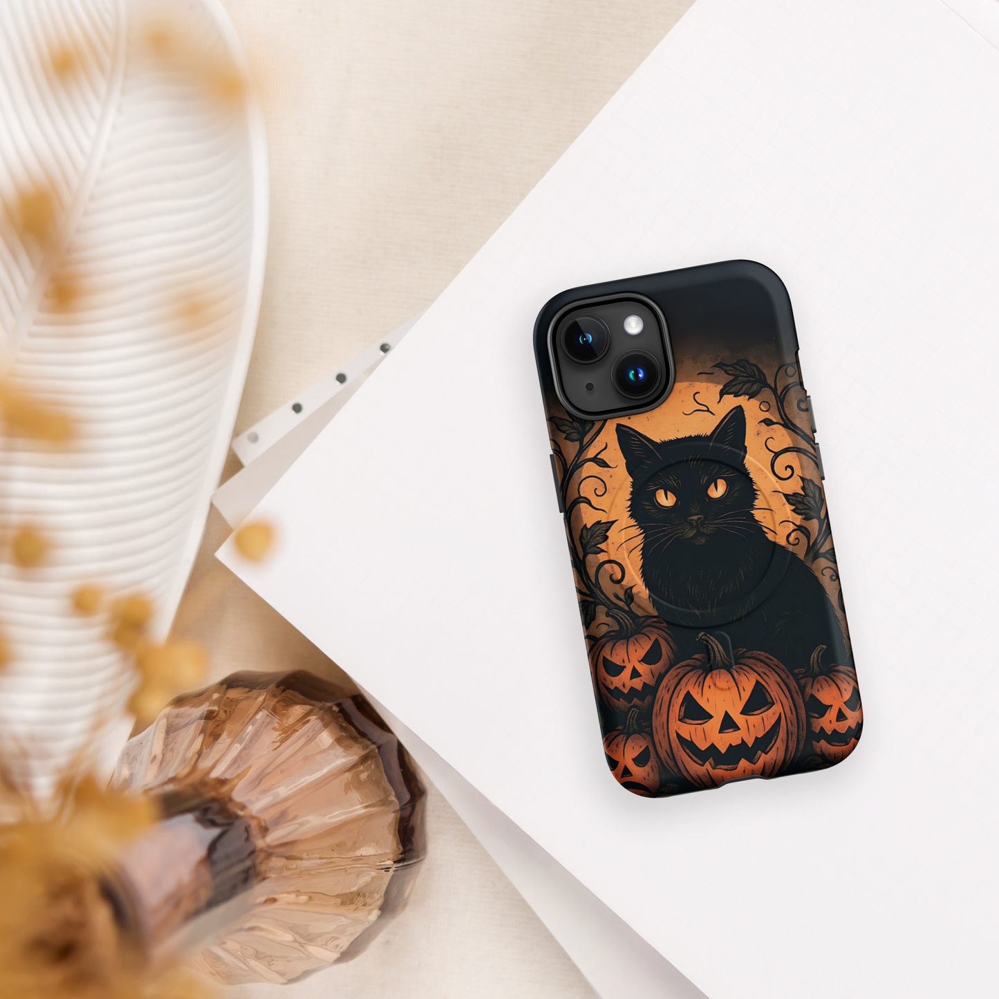 Halloween Harvest Cat iPhone MagSafe Case – Spooky Pumpkin Jack-o’-Lantern Black Cat Cover (14/15/16, Pro & Pro Max)