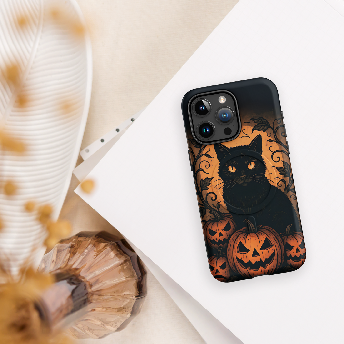 Halloween Harvest Cat iPhone MagSafe Case – Spooky Pumpkin Jack-o’-Lantern Black Cat Cover (14/15/16, Pro & Pro Max)