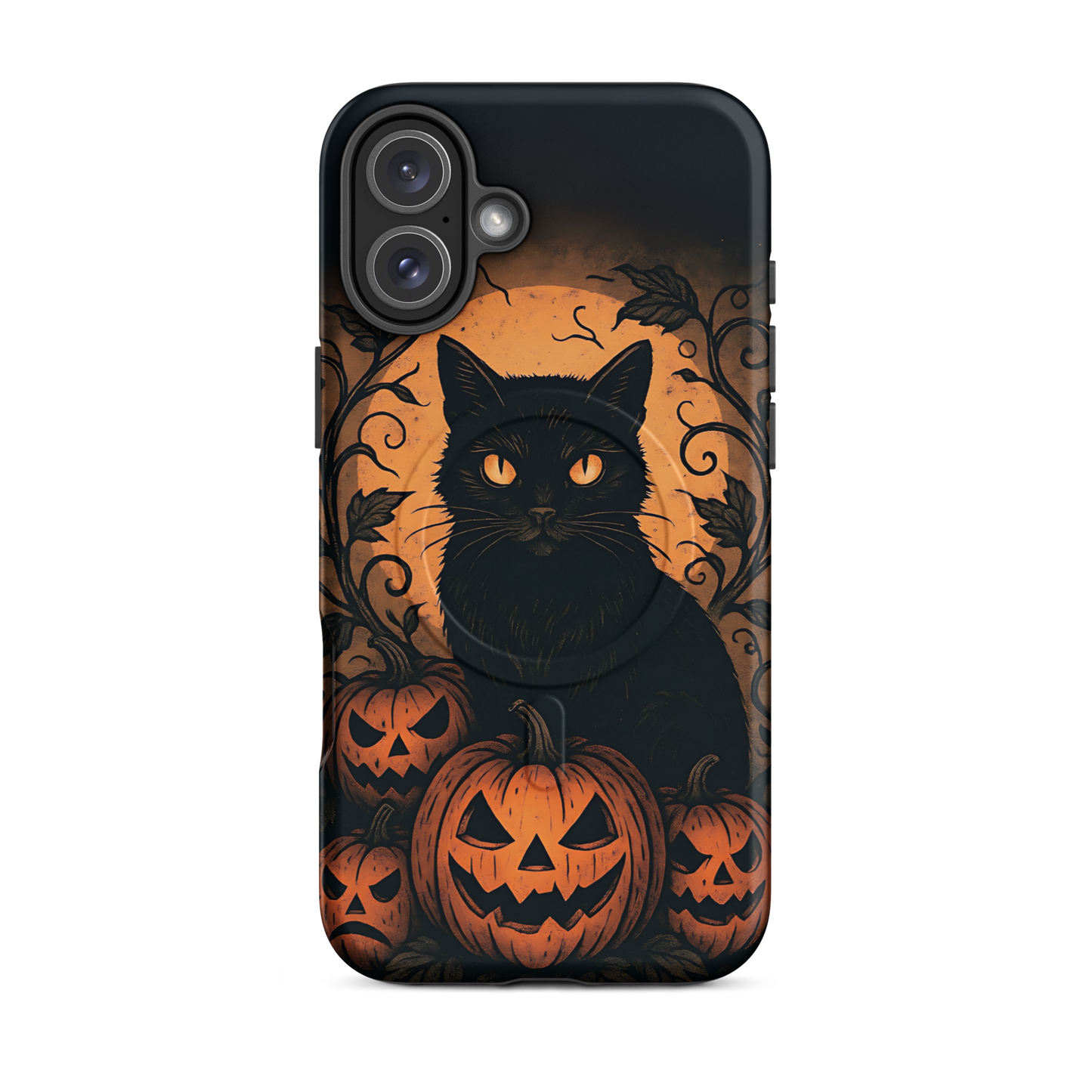 Halloween Harvest Cat iPhone MagSafe Case – Spooky Pumpkin Jack-o’-Lantern Black Cat Cover (14/15/16, Pro & Pro Max)