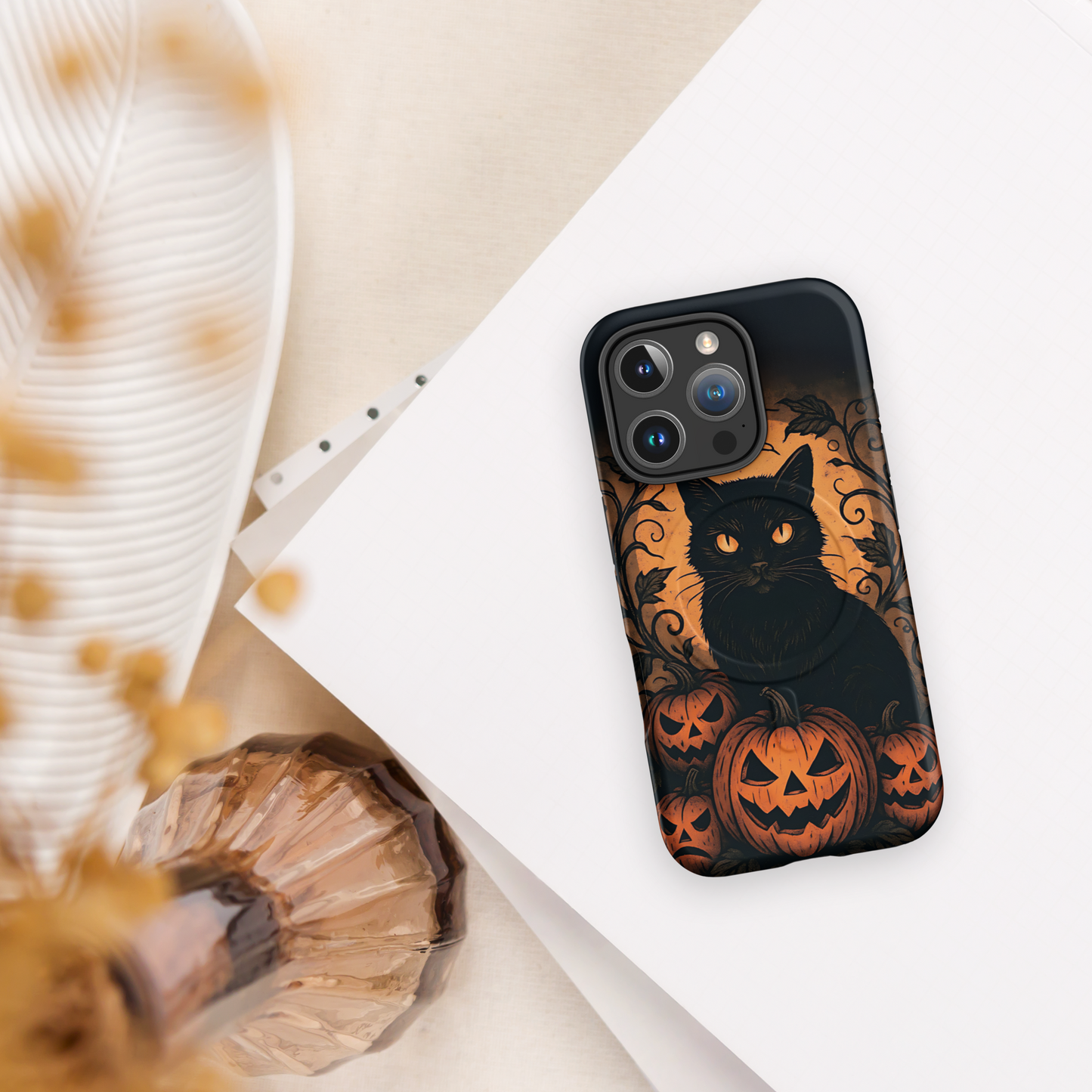 Halloween Harvest Cat iPhone MagSafe Case – Spooky Pumpkin Jack-o’-Lantern Black Cat Cover (14/15/16, Pro & Pro Max)