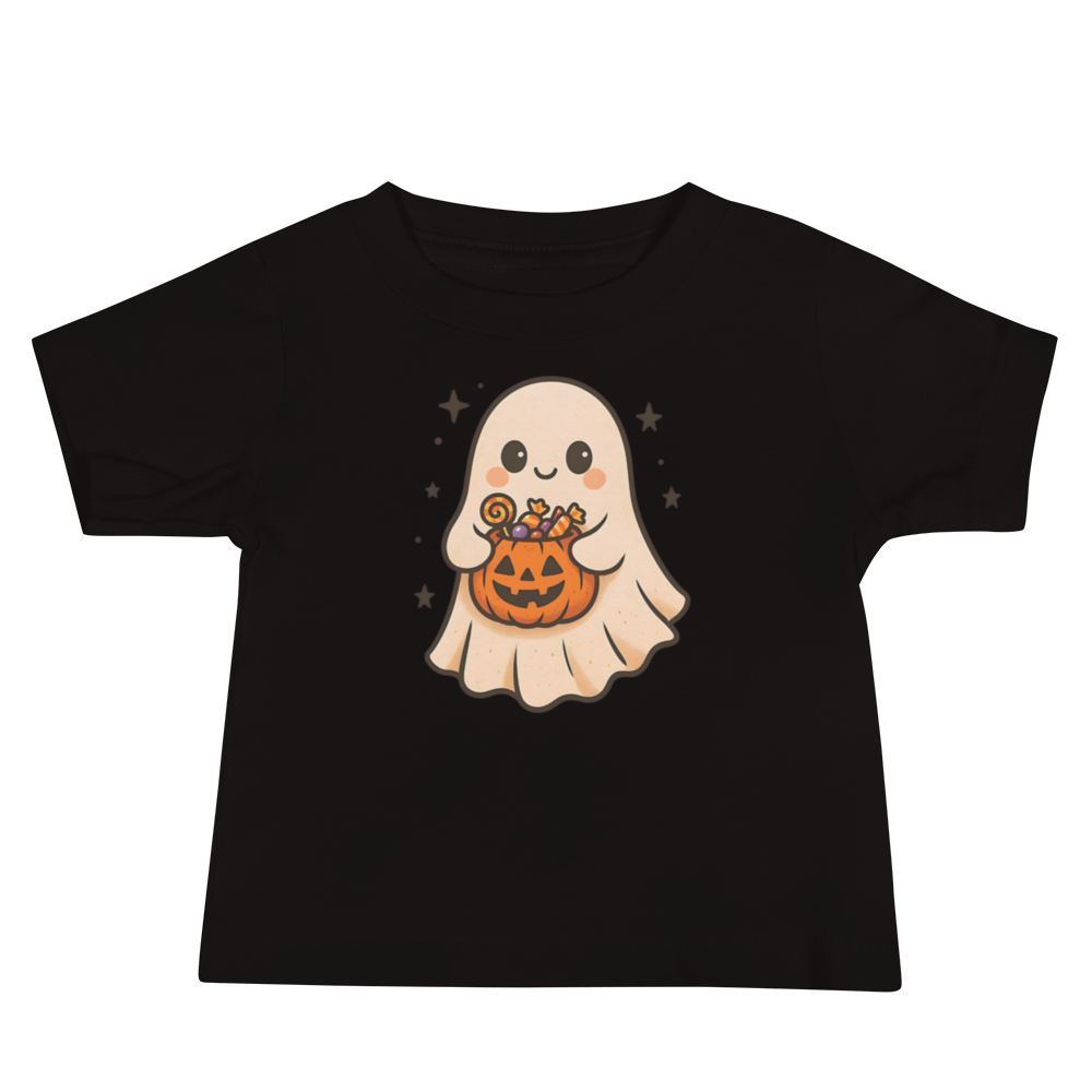 Trick-or-Treating Happy Ghost Baby Tee – Halloween Short Sleeve Shirt (6–24M, Black, Blue, Pink, White)