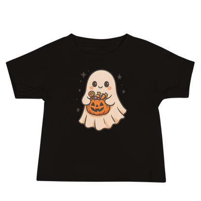 Trick-or-Treating Happy Ghost Baby Tee – Halloween Short Sleeve Shirt (6–24M, Black, Blue, Pink, White)