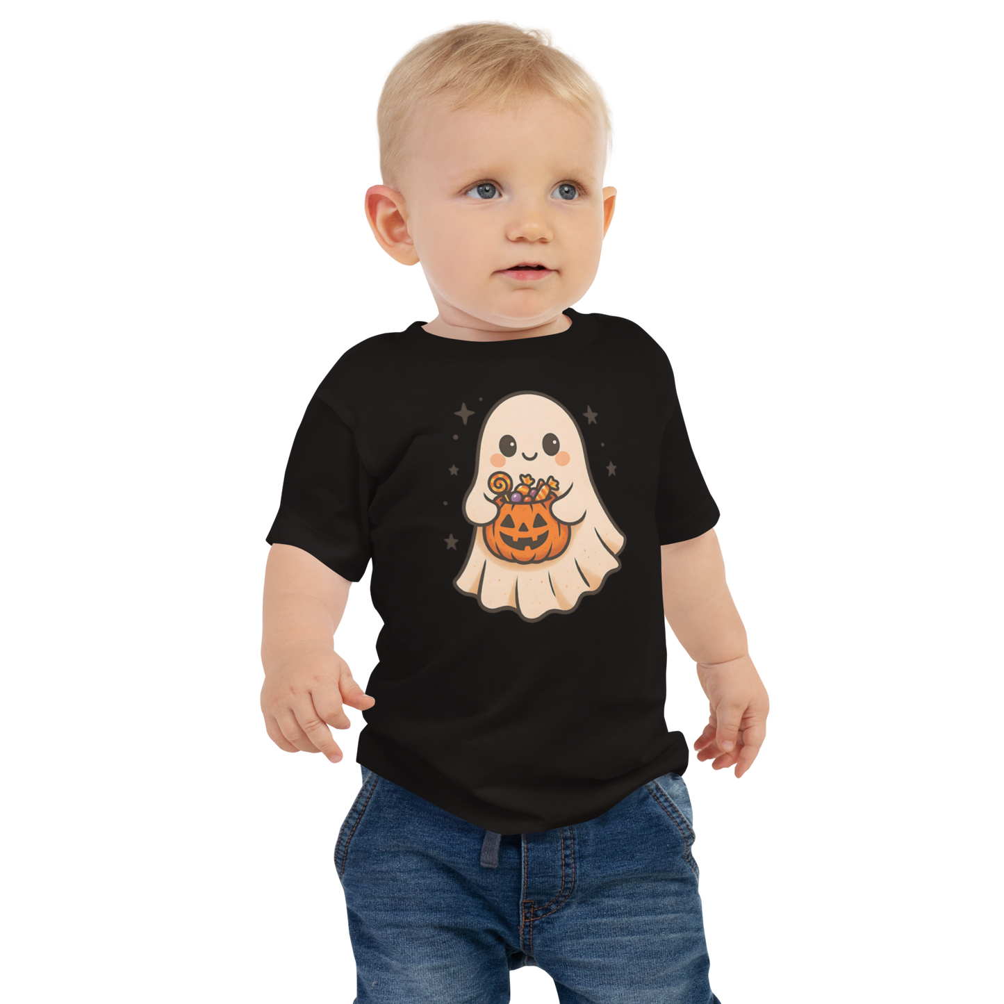 Trick-or-Treating Happy Ghost Baby Tee – Halloween Short Sleeve Shirt (6–24M, Black, Blue, Pink, White)