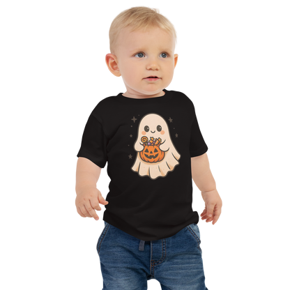 Trick-or-Treating Happy Ghost Baby Tee – Halloween Short Sleeve Shirt (6–24M, Black, Blue, Pink, White)