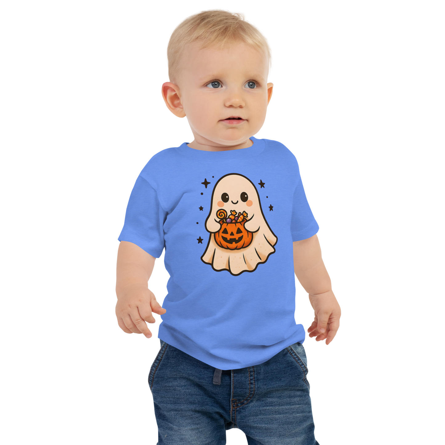 Trick-or-Treating Happy Ghost Baby Tee – Halloween Short Sleeve Shirt (6–24M, Black, Blue, Pink, White)