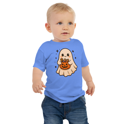 Trick-or-Treating Happy Ghost Baby Tee – Halloween Short Sleeve Shirt (6–24M, Black, Blue, Pink, White)