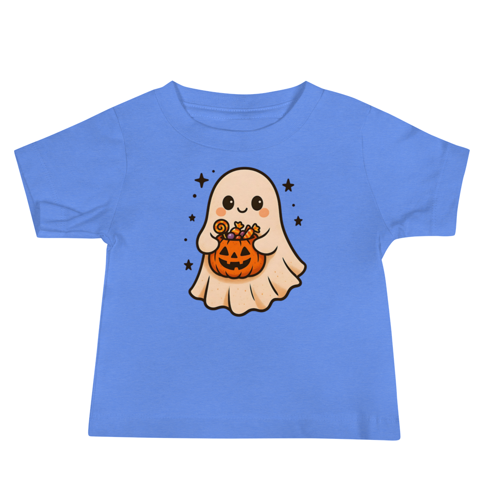 Trick-or-Treating Happy Ghost Baby Tee – Halloween Short Sleeve Shirt (6–24M, Black, Blue, Pink, White)