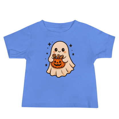 Trick-or-Treating Happy Ghost Baby Tee – Halloween Short Sleeve Shirt (6–24M, Black, Blue, Pink, White)