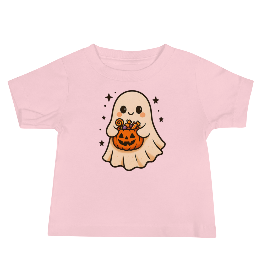 Trick-or-Treating Happy Ghost Baby Tee – Halloween Short Sleeve Shirt (6–24M, Black, Blue, Pink, White)