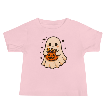 Trick-or-Treating Happy Ghost Baby Tee – Halloween Short Sleeve Shirt (6–24M, Black, Blue, Pink, White)