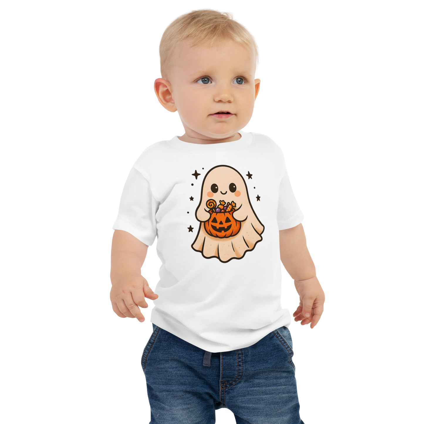 Trick-or-Treating Happy Ghost Baby Tee – Halloween Short Sleeve Shirt (6–24M, Black, Blue, Pink, White)