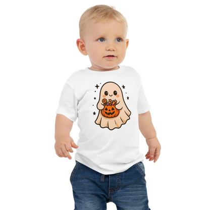 Trick-or-Treating Happy Ghost Baby Tee – Halloween Short Sleeve Shirt (6–24M, Black, Blue, Pink, White)