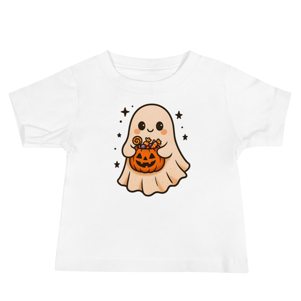 Trick-or-Treating Happy Ghost Baby Tee – Halloween Short Sleeve Shirt (6–24M, Black, Blue, Pink, White)